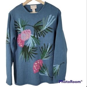 VTG BELLE ISLE Women's Blue/Pink/Green Crewneck Floral Cable Knit Sweater Size M